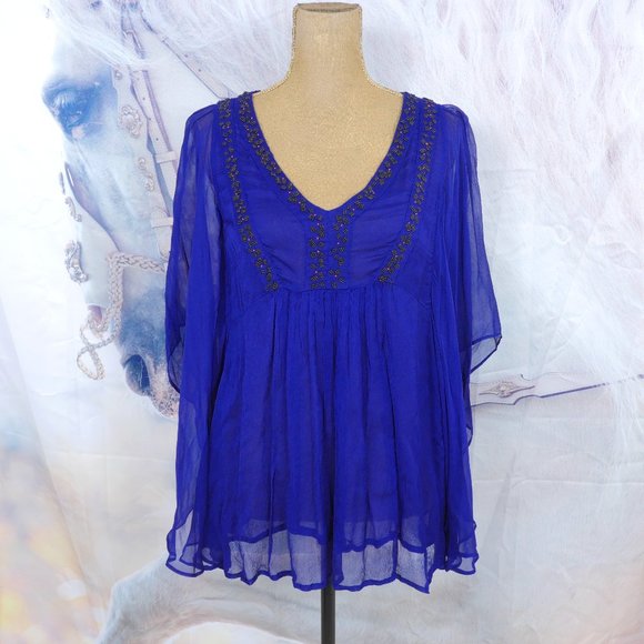 Free People Tops - Free People Purple Beaded Detail Wide Sheer Sleeve 70's Inspired Boho S XS Top
